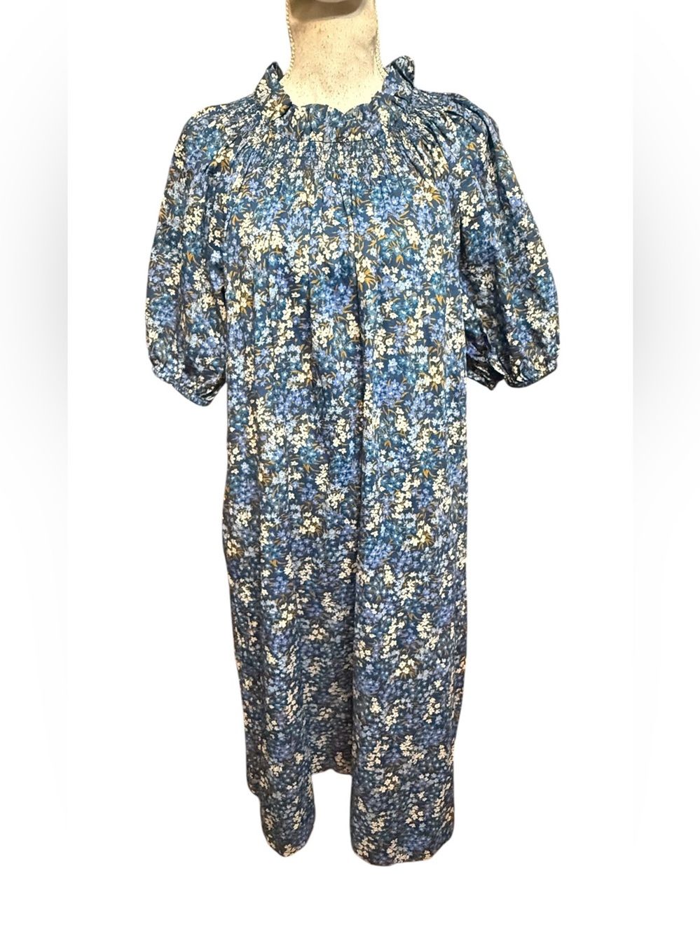 J Crew Liberty Sea Blossoms Blue Ditsy Floral Smocked Puff Dress M no belt
